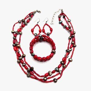 Jay King Mine Finds DTR Sterling Silver Red Coral Necklace, Bracelet Earrings